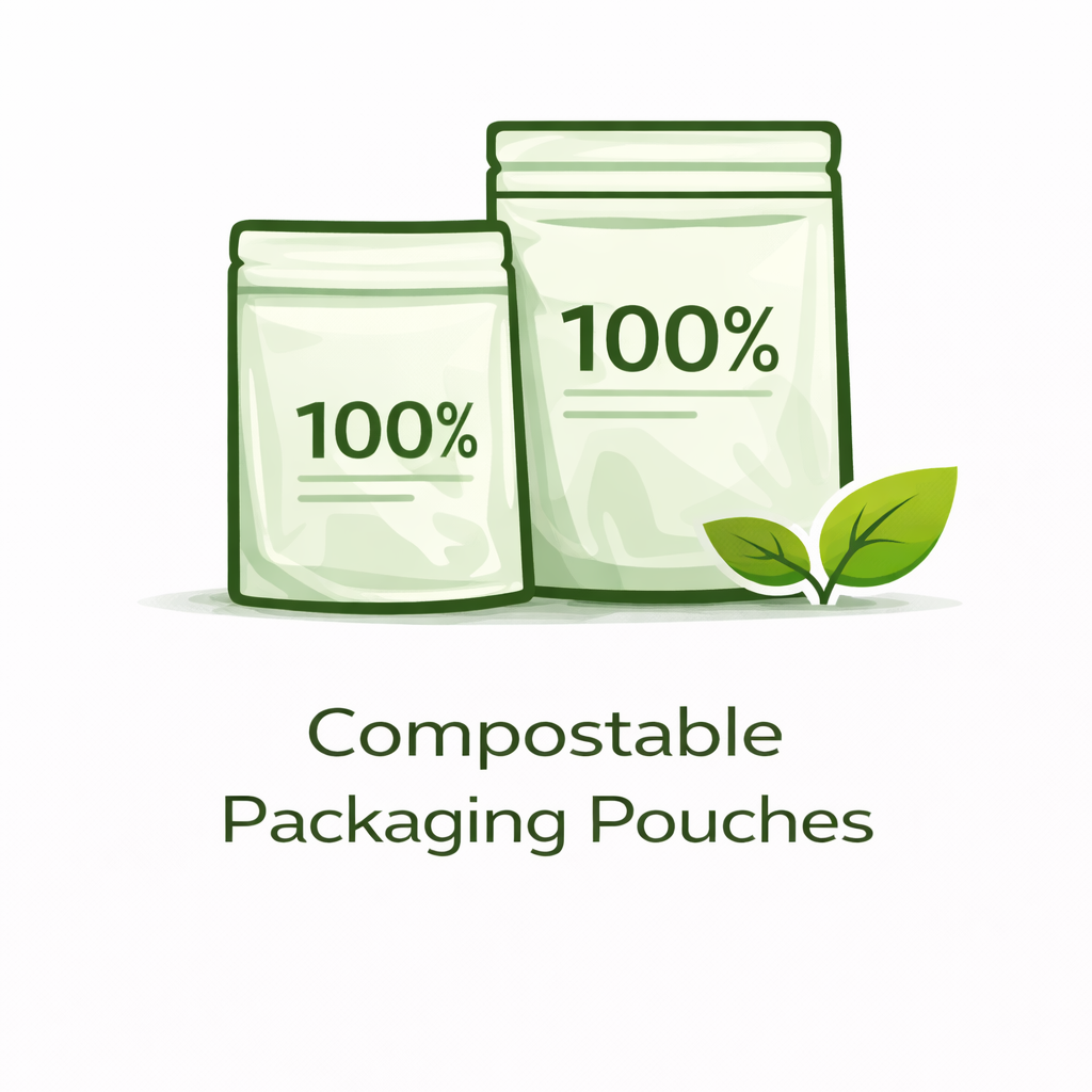 Compostable packaging pouches for food and retail products